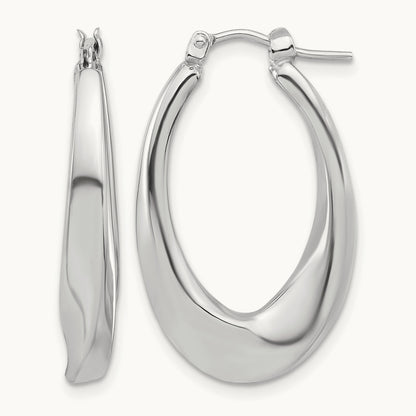 Polished Hollow Oval Twist Hoop Earrings — 14K White Gold