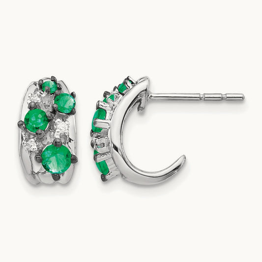 Diamond and Emerald Polished Post Hoop Earrings, 14K White Gold