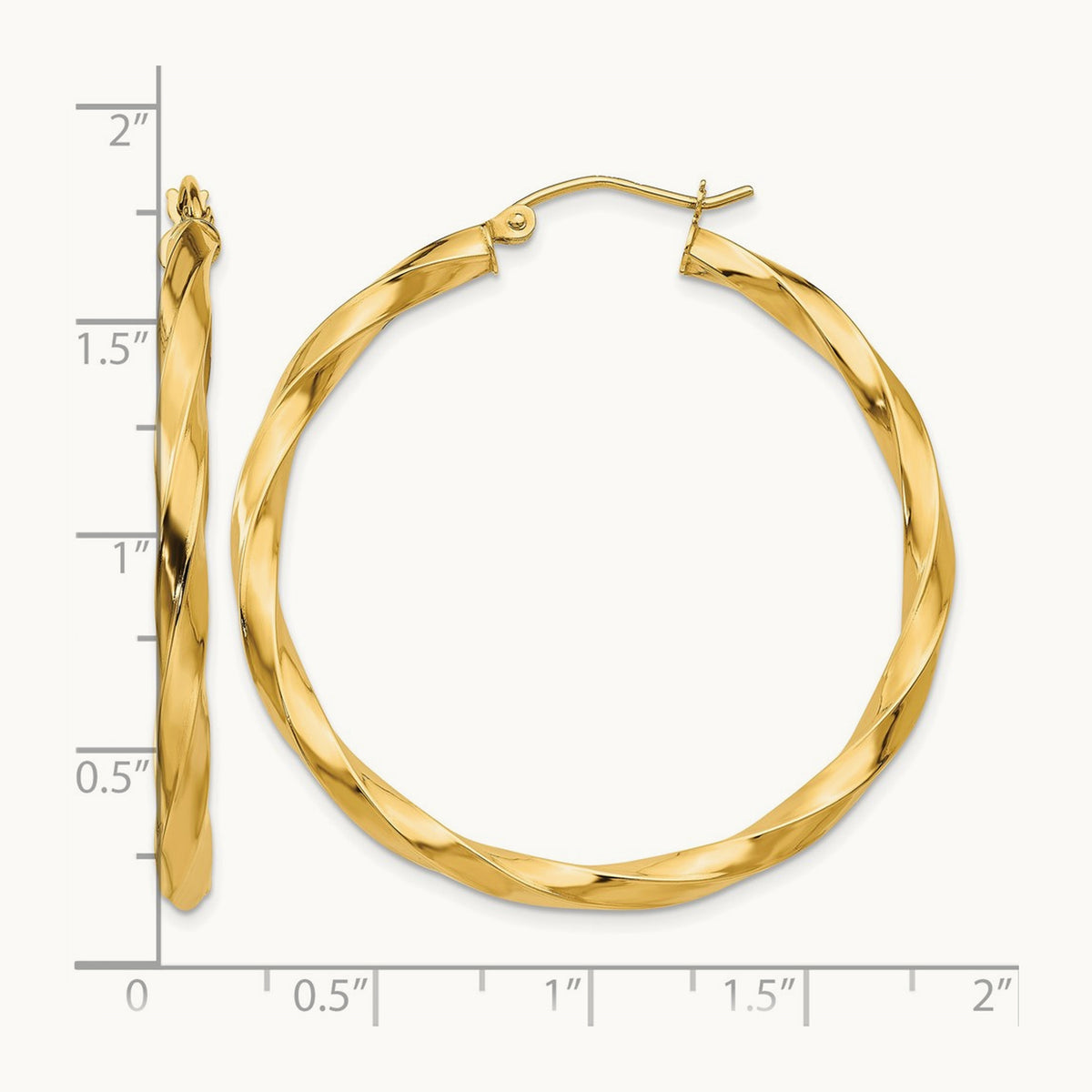 Square Tube Twisted Hoop Earrings — 14K Yellow Gold, 40mm, 3mm