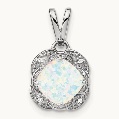 Cushion Created Opal and Diamond Pendant, 14K White Gold