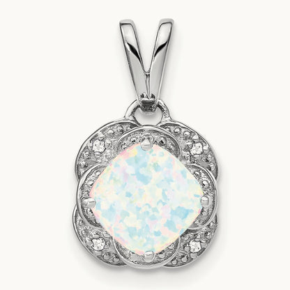 Cushion Created Opal and Diamond Pendant, 14K White Gold
