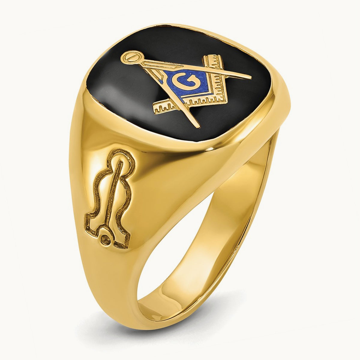 IBGoodman Men's Grooved with Onyx Blue Lodge Masonic Ring, 14K
