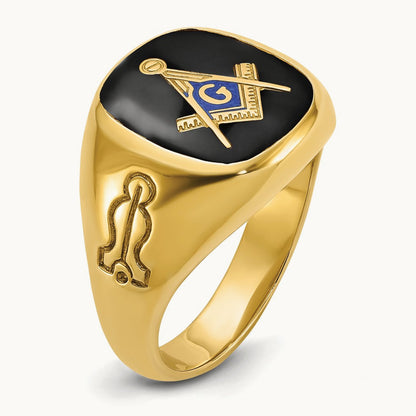 IBGoodman Men's Grooved with Onyx Blue Lodge Masonic Ring, 14K