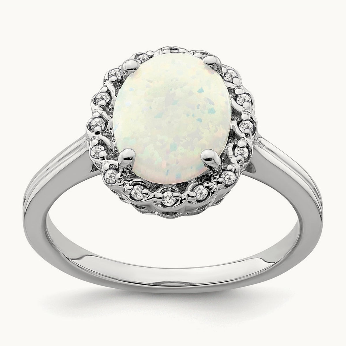 Created Opal and Diamond Halo Ring, 14K White Gold
