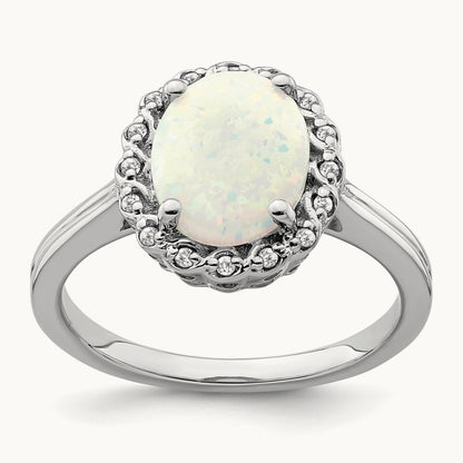 Created Opal and Diamond Halo Ring, 14K White Gold