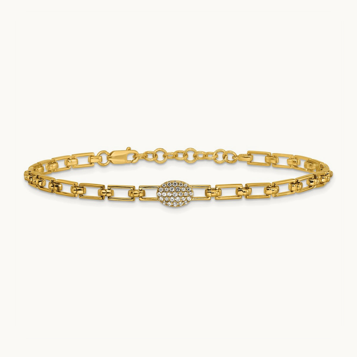 Polished Diamond Oval Cluster Fancy Link with 1in ext. Bracelet, 14K