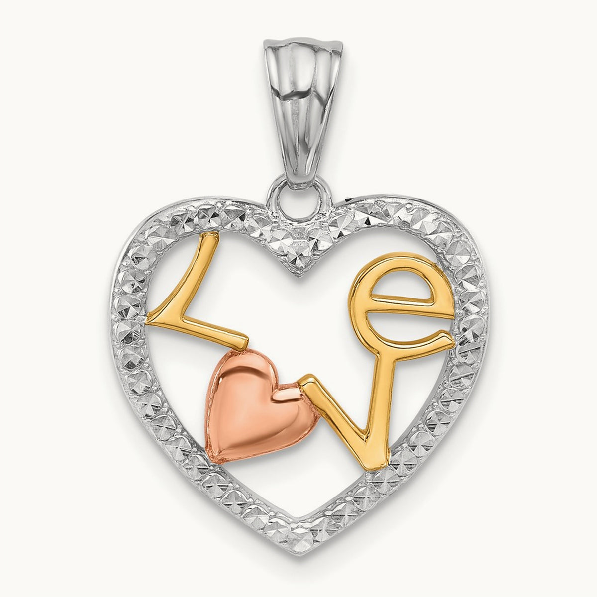 Tri-Color Diamond-cut LOVE in Heart Pendant, 14K