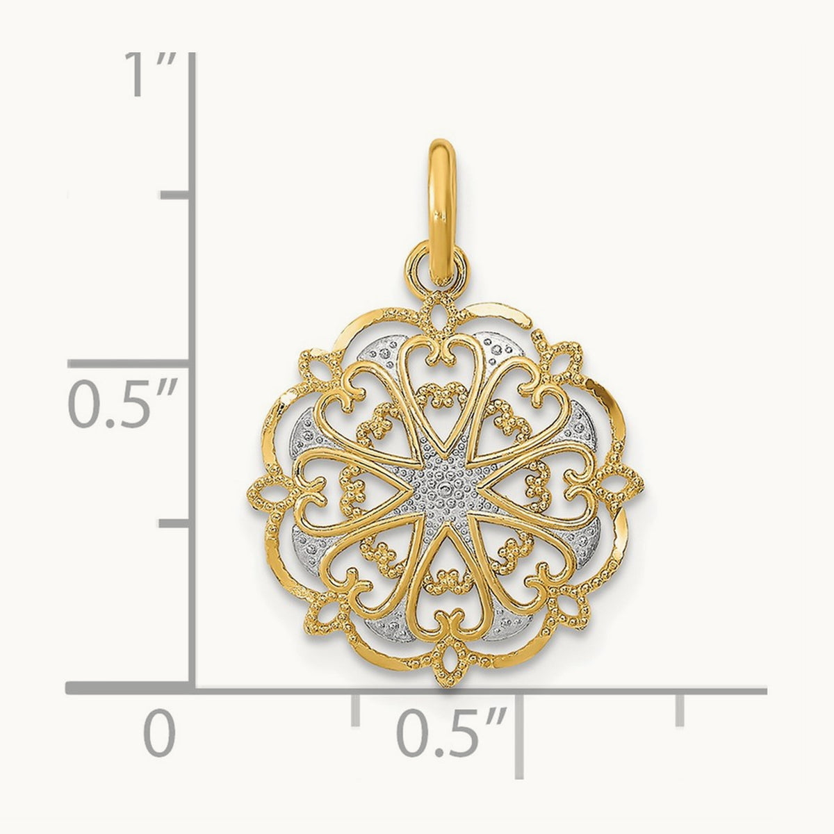 w/Rhodium and D/C Filigree Heart Round Charm, 14K