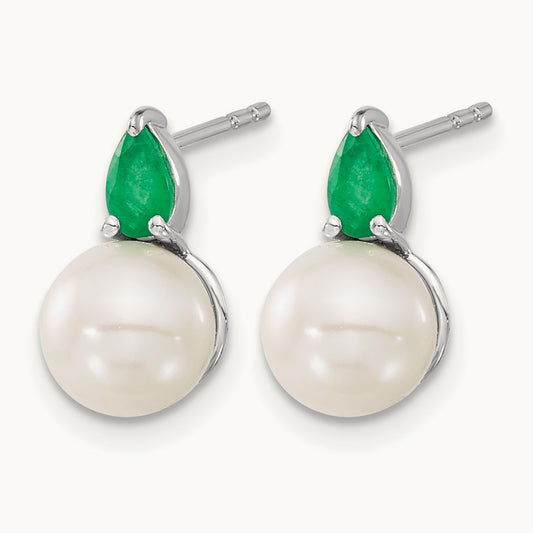 FWC Pearl and Emerald Post Earrings, 14K White Gold