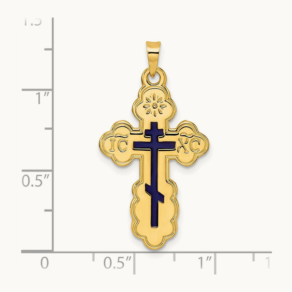 Polished Eastern Orthodox Blue Enamel Solid Cross Pendant, 14K