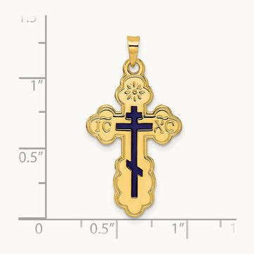 Polished Eastern Orthodox Blue Enamel Solid Cross Pendant, 14K