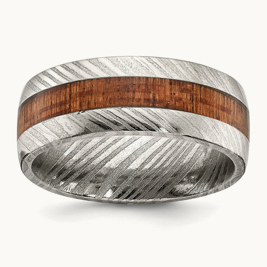 Damascus Steel Polished with Sapele Wood Inlay Band, 8mm