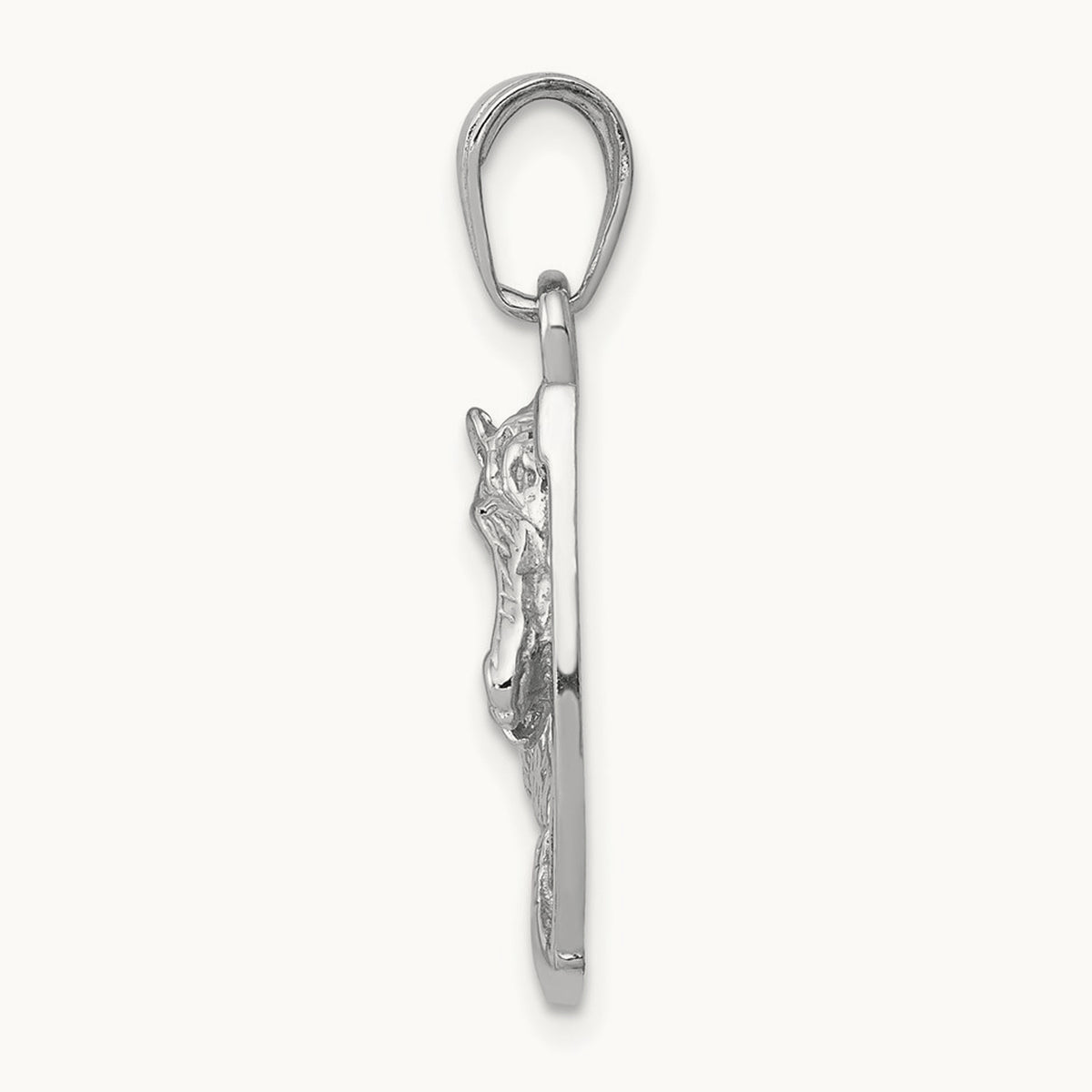 Solid Polished Horse Head in Horseshoe Pendant — 14K White Gold