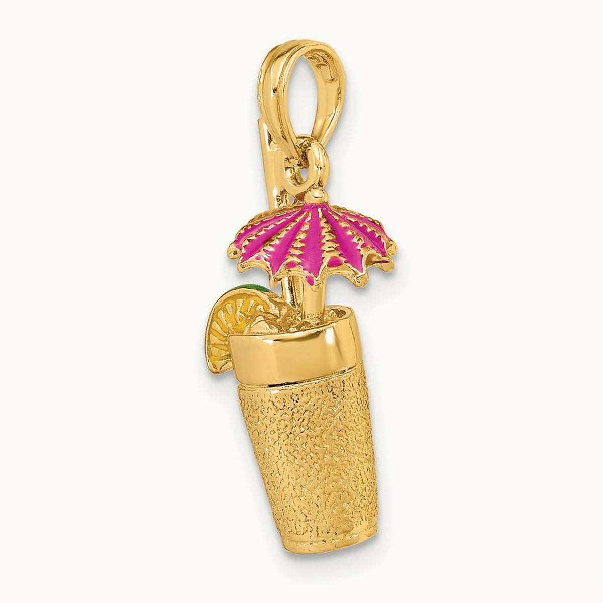 3-D Cocktail Drink w/Fuschia Enamel Umbrella and Lime Charm, 14K