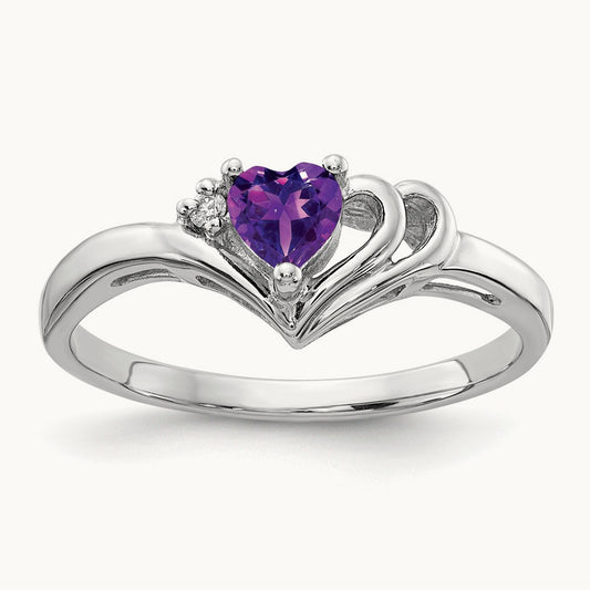 Heart Amethyst AA Diamond ring, 4mm, 14K White Gold