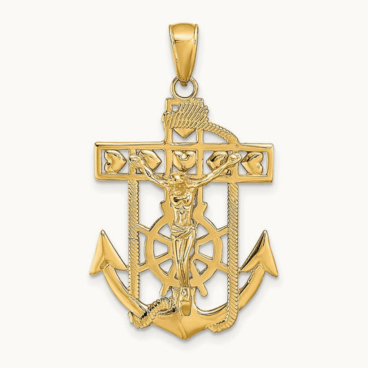 Polished Textured Mariners Crucifix Pendant, 14K