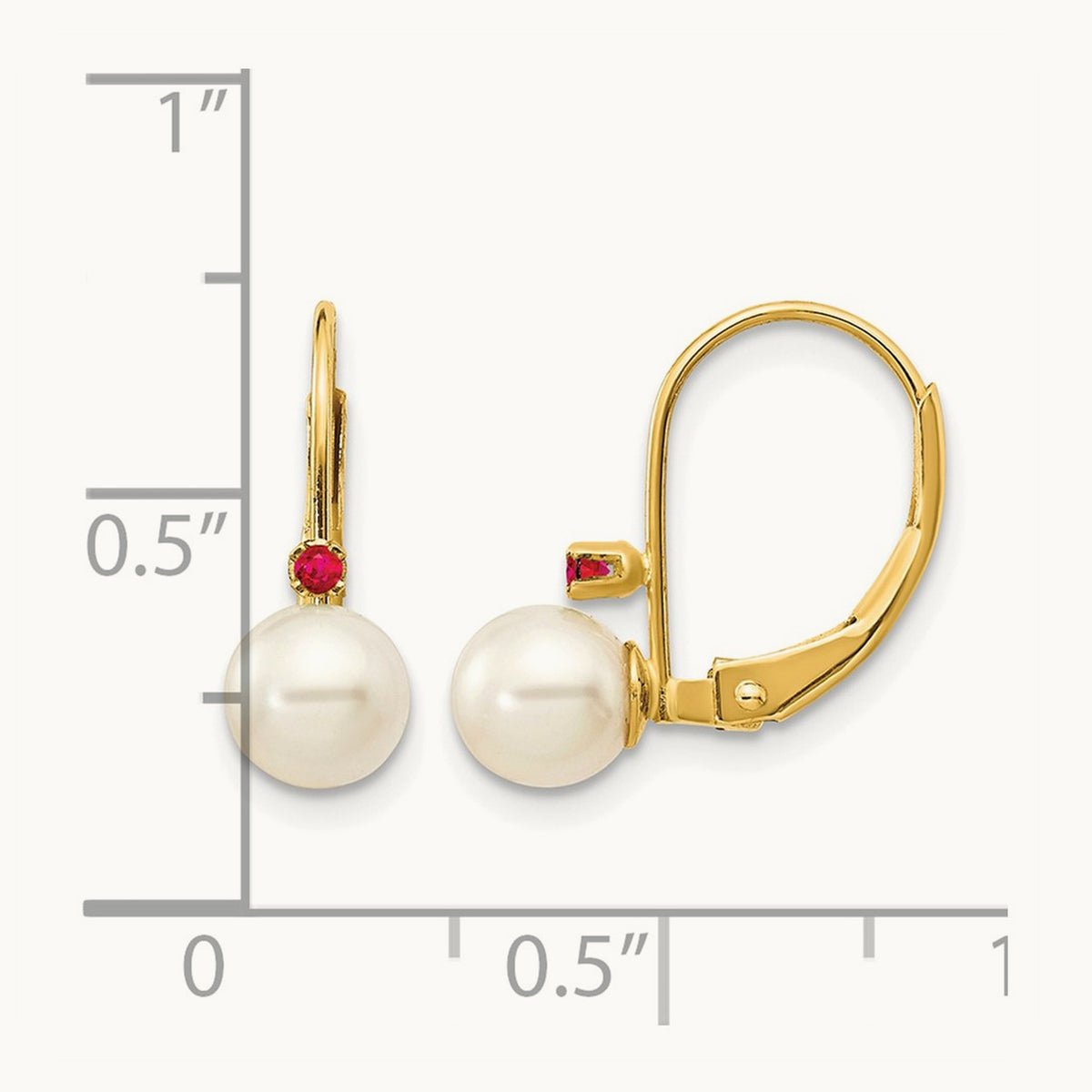 5- White Round FW Cultured Pearl Ruby Leverback Earrings, 5.5mm, 14K