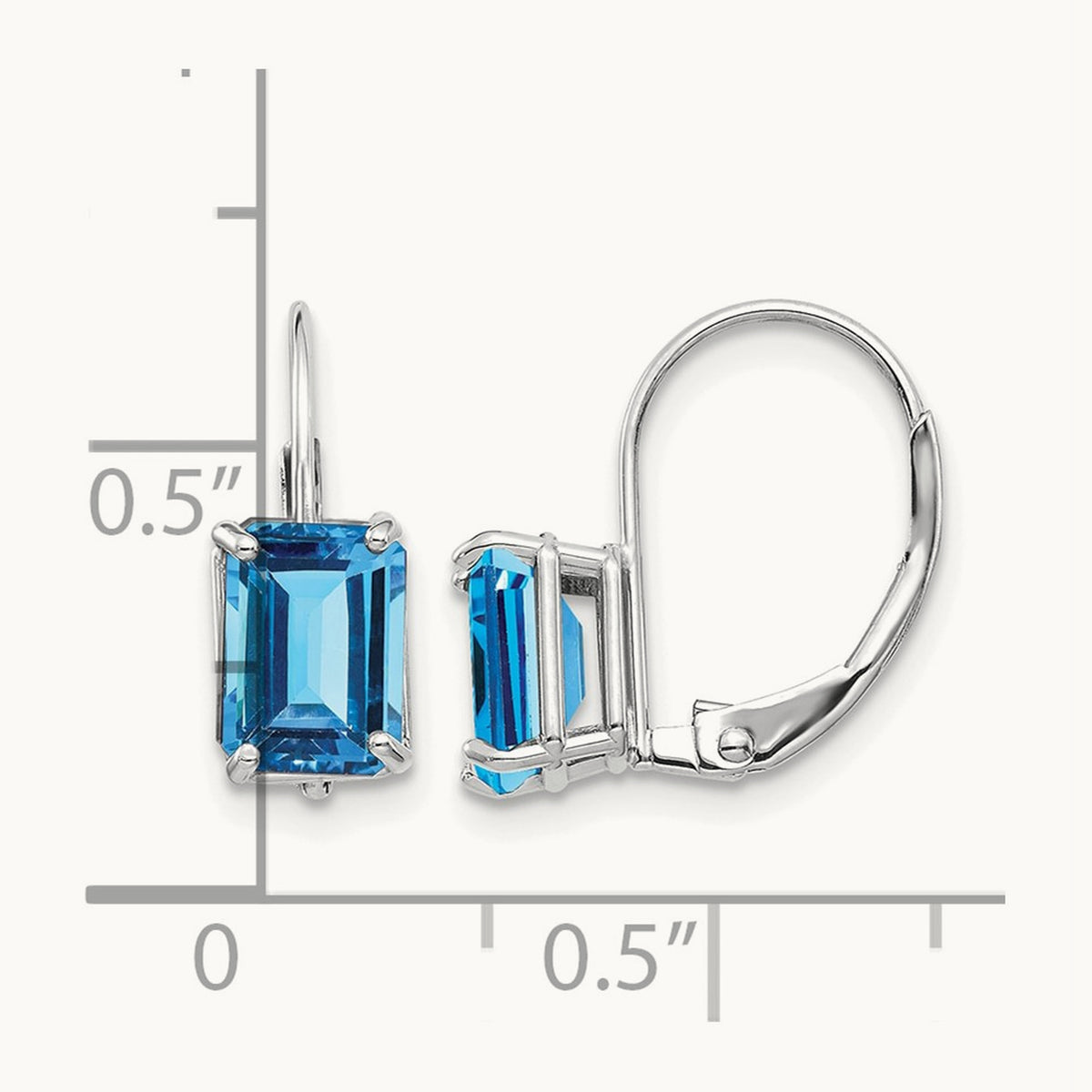 7x5mm Emerald Cut Blue Topaz Earrings, 14K White Gold