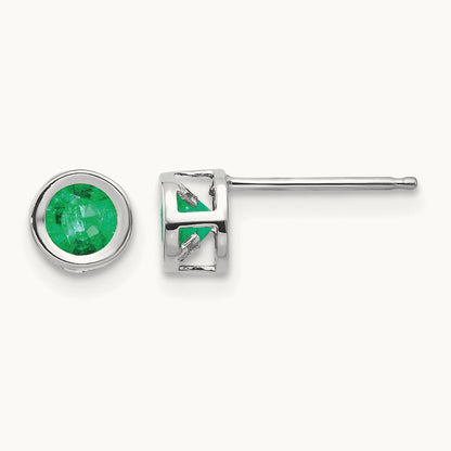 Bezel May/Emerald Post Earrings — 14K White Gold