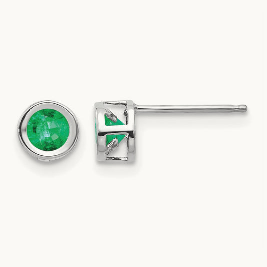 Bezel May/Emerald Post Earrings — 14K White Gold