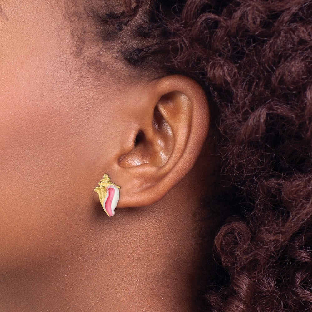 Conch Shell Post Earrings with Pink Enamel — 15.4mm