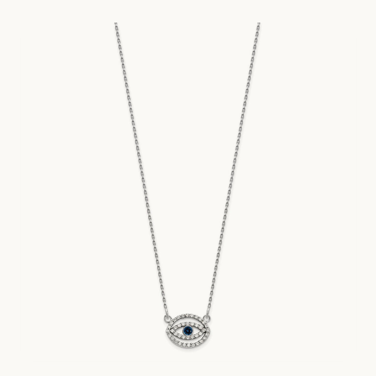 Small Necklace Diamond and Sapphire Gold Halo Evil Eye, 14K White Gold