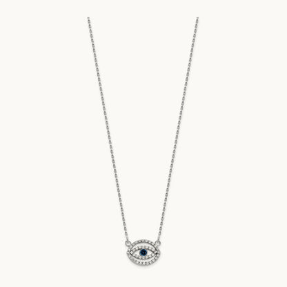 Small Necklace Diamond and Sapphire Gold Halo Evil Eye, 14K White Gold