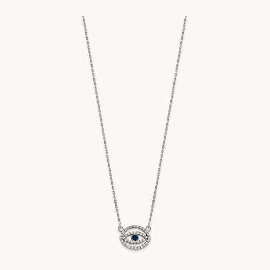Small Necklace Diamond and Sapphire Gold Halo Evil Eye, 14K White Gold