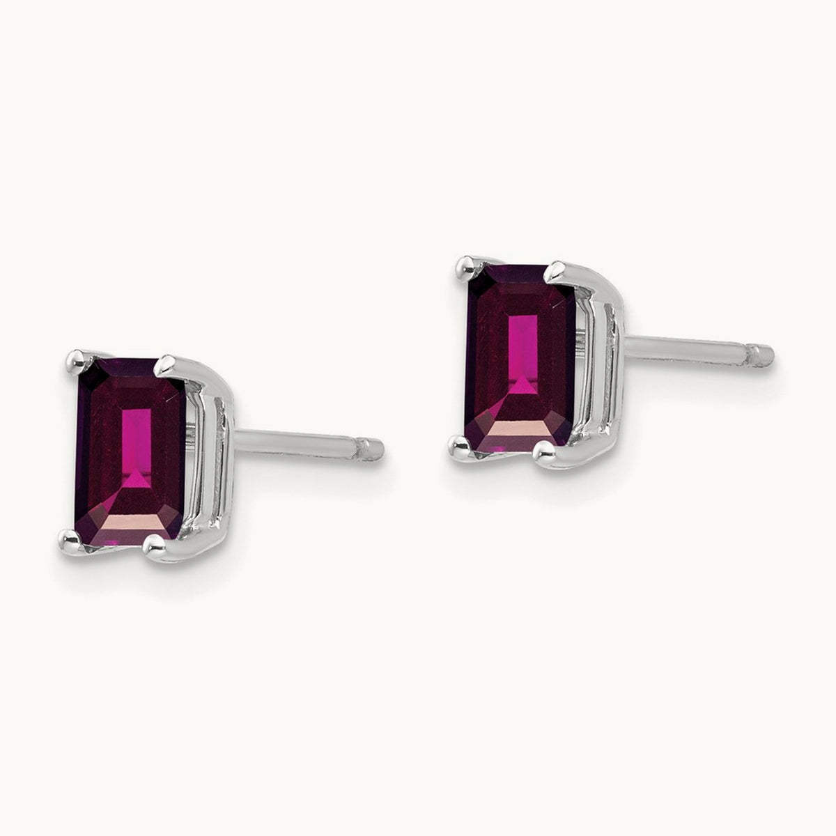 6x4 Emerald Cut Rhodolite Garnet Stud Earrings, 14K White Gold