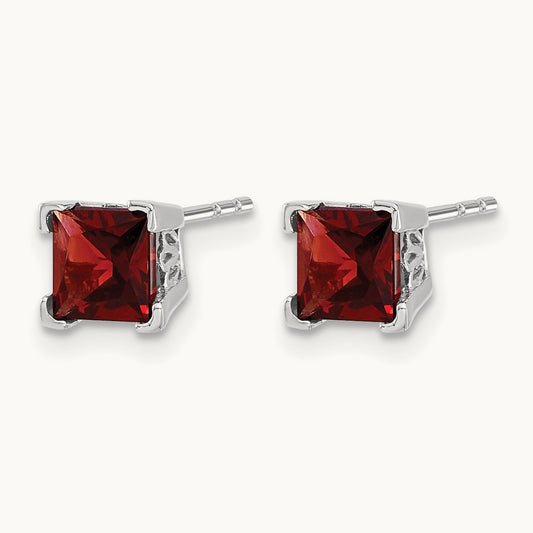 Square Garnet Earrings, 14K White Gold