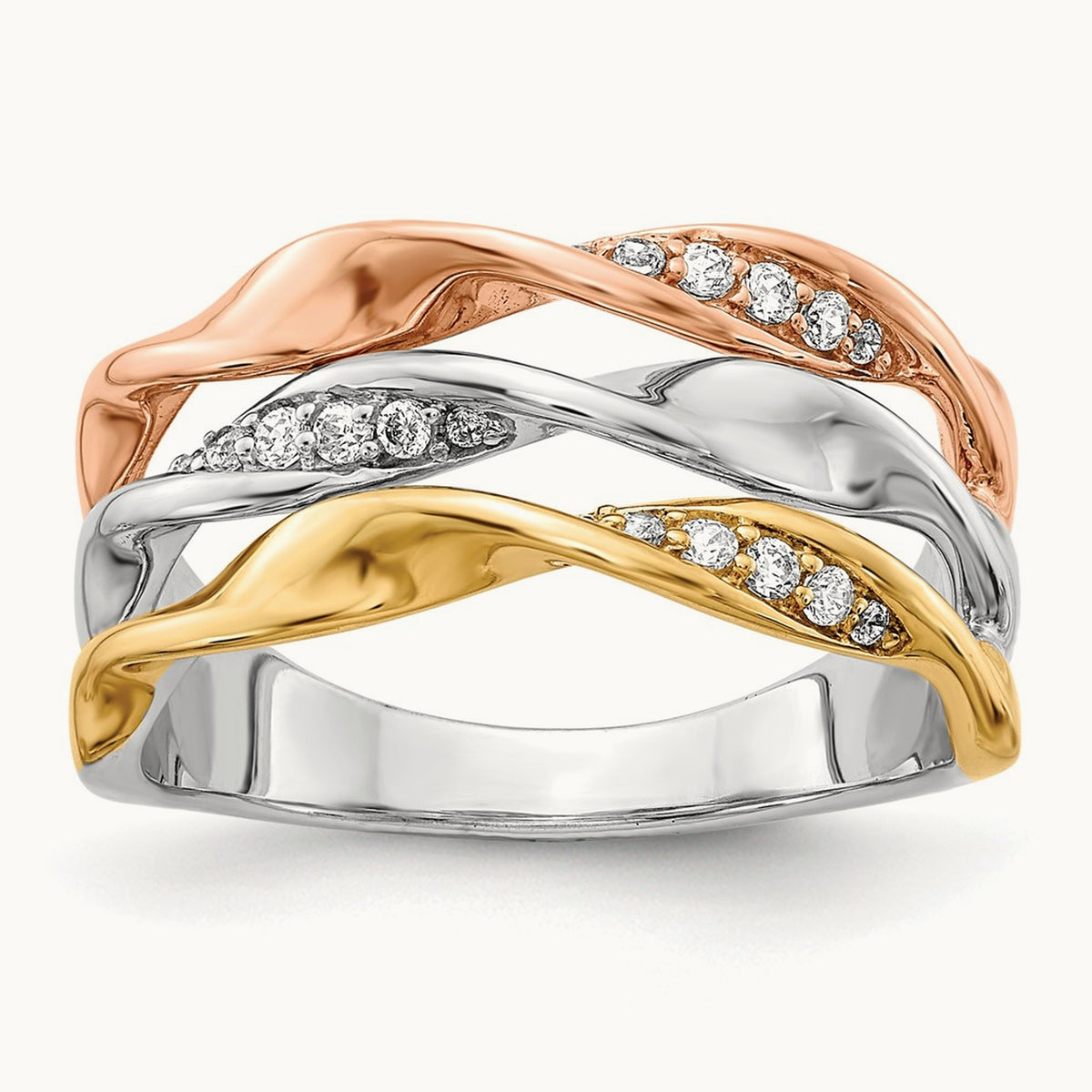Tri-color Diamond Fancy Triple Twist Ring, 14K