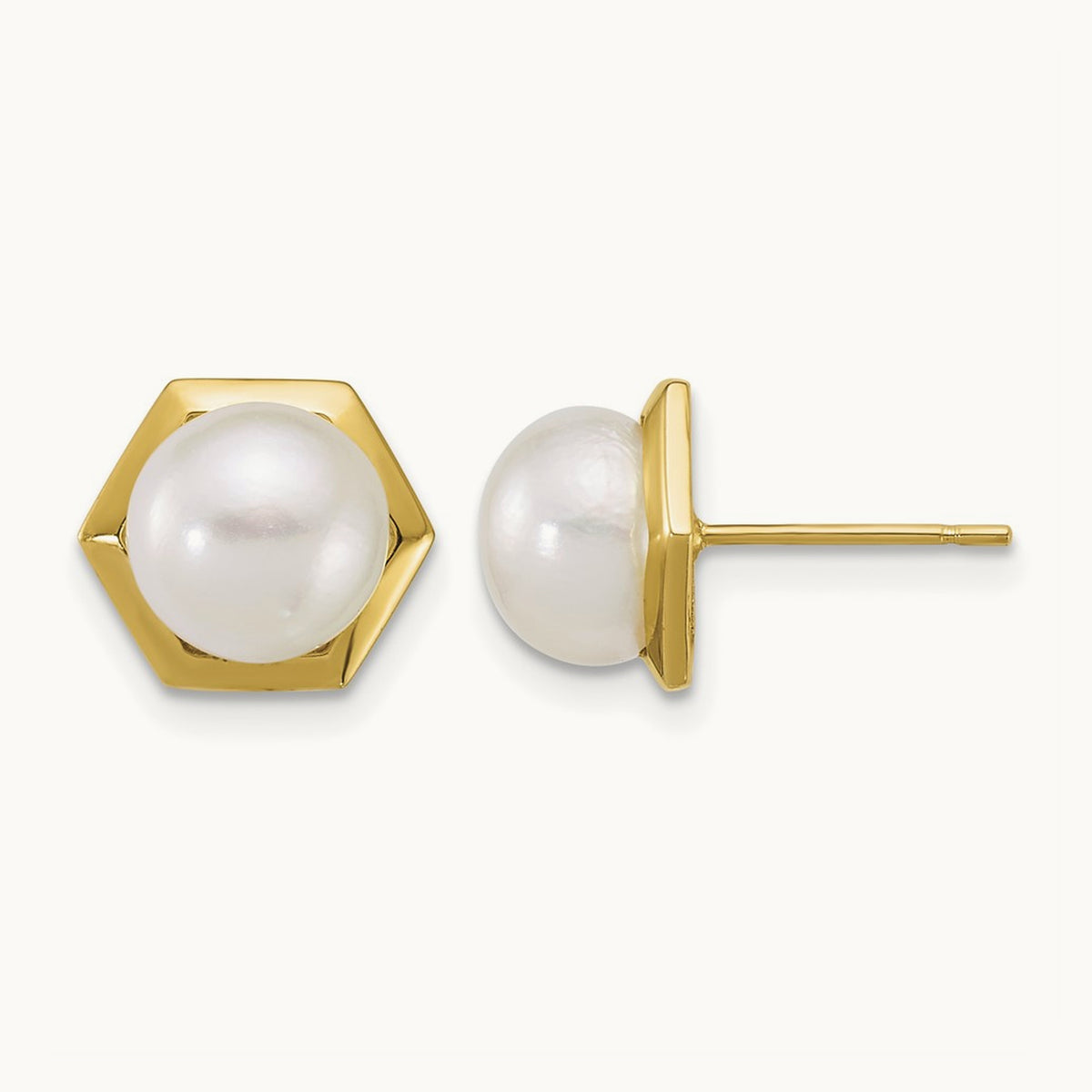 Polished 7- Button FW Cultured Pearl Hexagon Post Earrings, 8mm, 14K