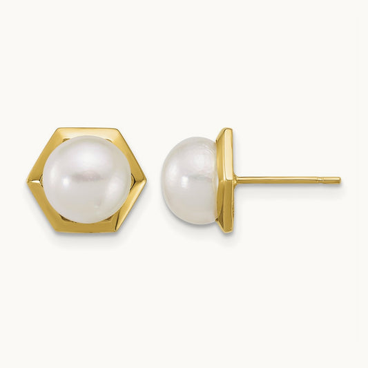 Polished 7- Button FW Cultured Pearl Hexagon Post Earrings, 8mm, 14K