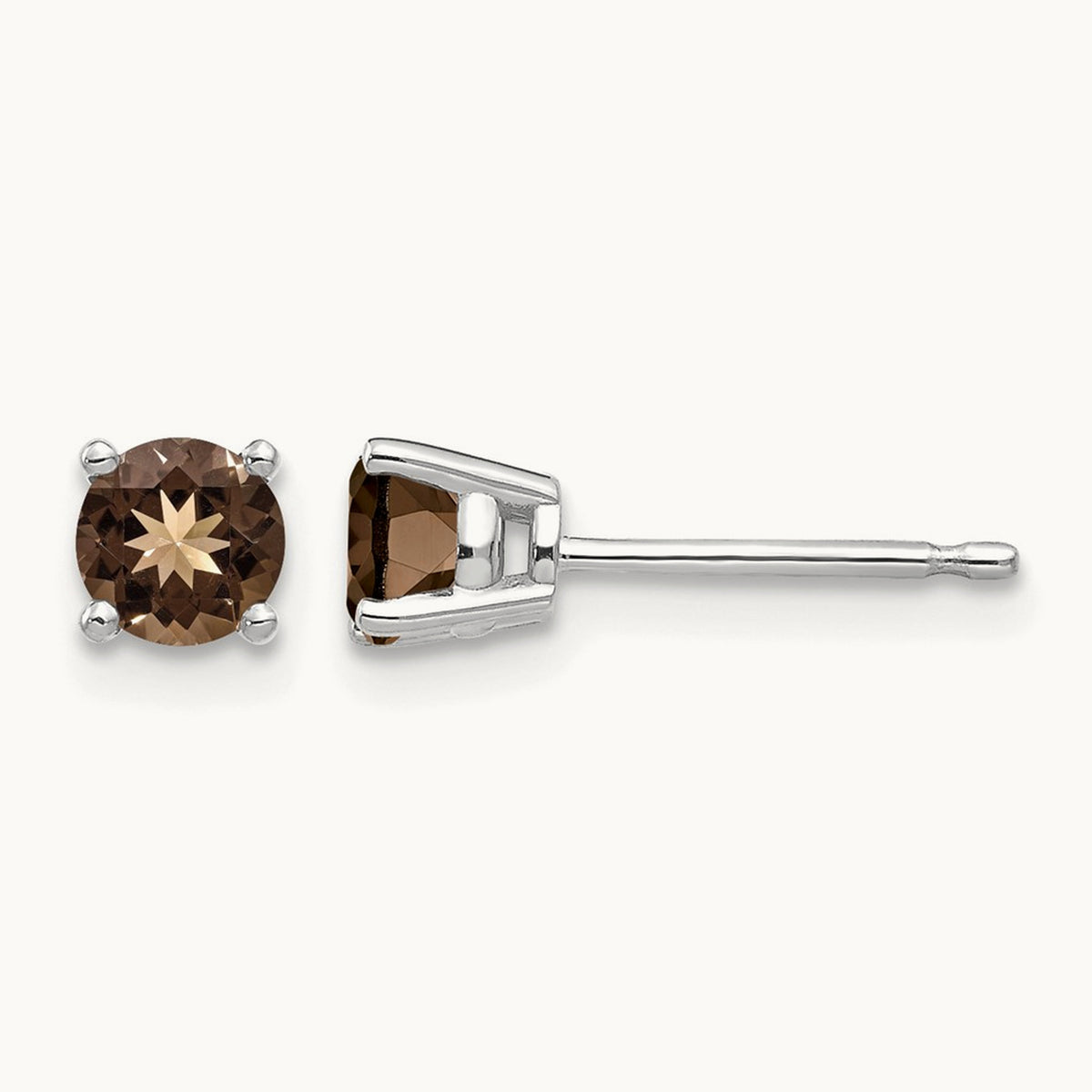 Round Smoky Quartz Earring, 4mm, 14K White Gold