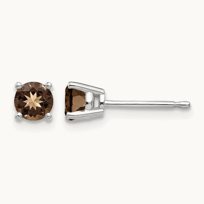 Round Smoky Quartz Earring, 4mm, 14K White Gold
