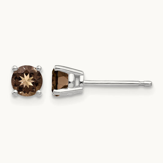 Round Smoky Quartz Earring, 4mm, 14K White Gold