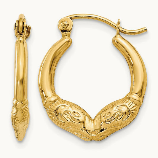 Ram Head Hoop Earrings, 14K