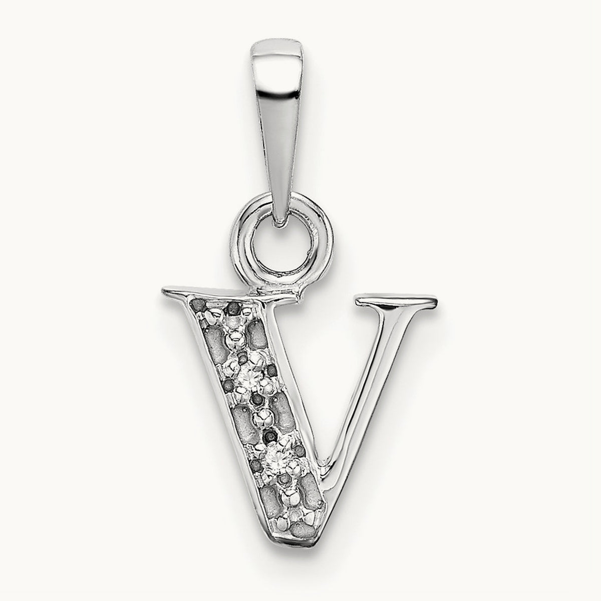 Rhodium-plated Diamond Letter V Initial Pendant, 14K White Gold
