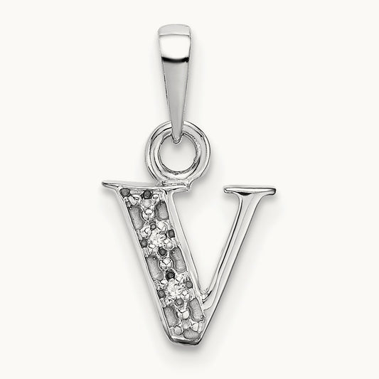 Rhodium-plated Diamond Letter V Initial Pendant, 14K White Gold
