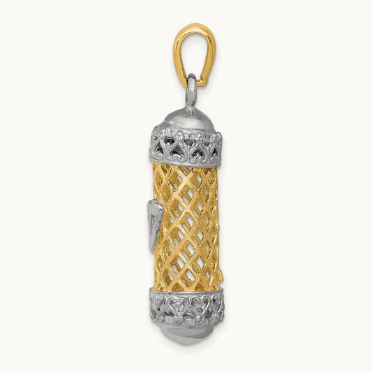 3D Mezuzah W/Shin Charm, 14K Two-tone