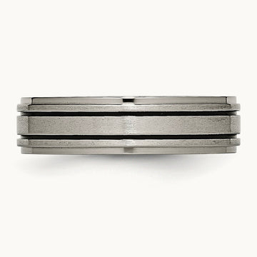 Brushed Center Black Enamel Ridged Edge Band, 6mm, Titanium