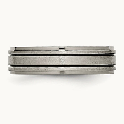 Brushed Center Black Enamel Ridged Edge Band, 6mm, Titanium