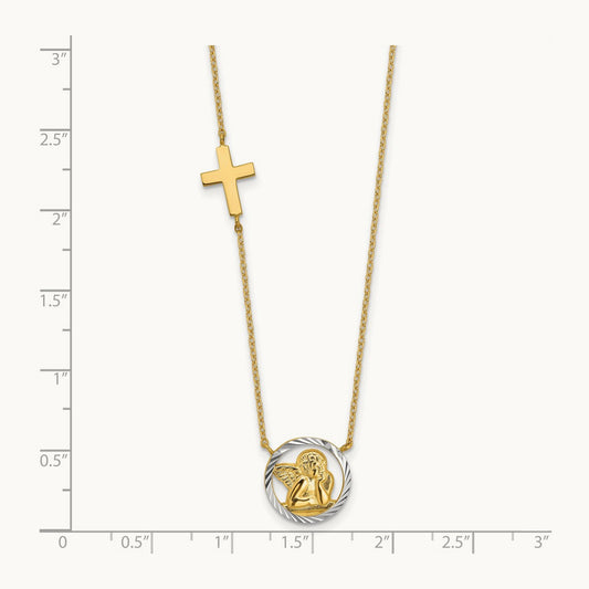 Rhodium-plated D/C Angel & Cross Necklace, 14K