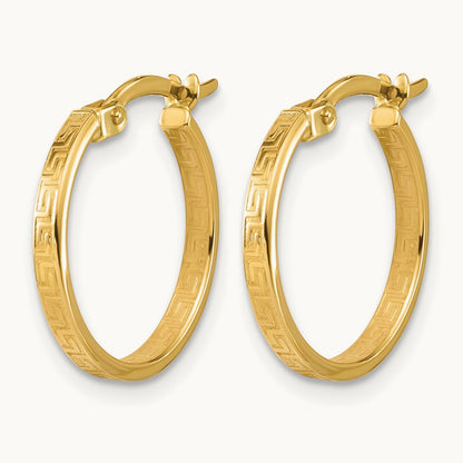 Polished Greek Key Round Hoop Earrings — 16mm