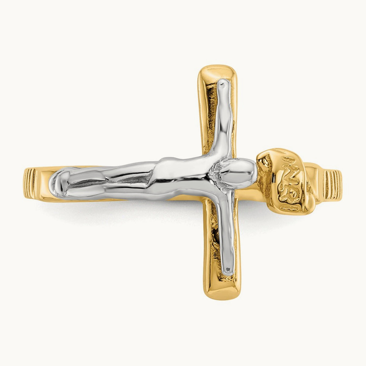 Polished INRI Crucifix Ring — 14K Two-Tone Gold, 6.75