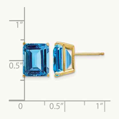 10x8mm Emerald Cut Blue Topaz Earrings, 14K