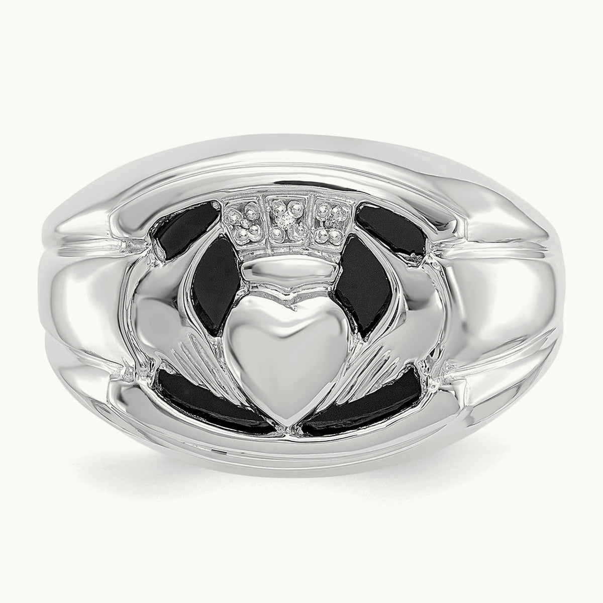 AA Diamond and Onyx Mens Claddagh Ring, 14K White Gold