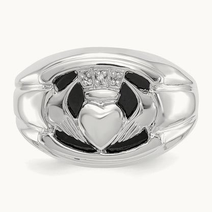 AA Diamond and Onyx Mens Claddagh Ring, 14K White Gold