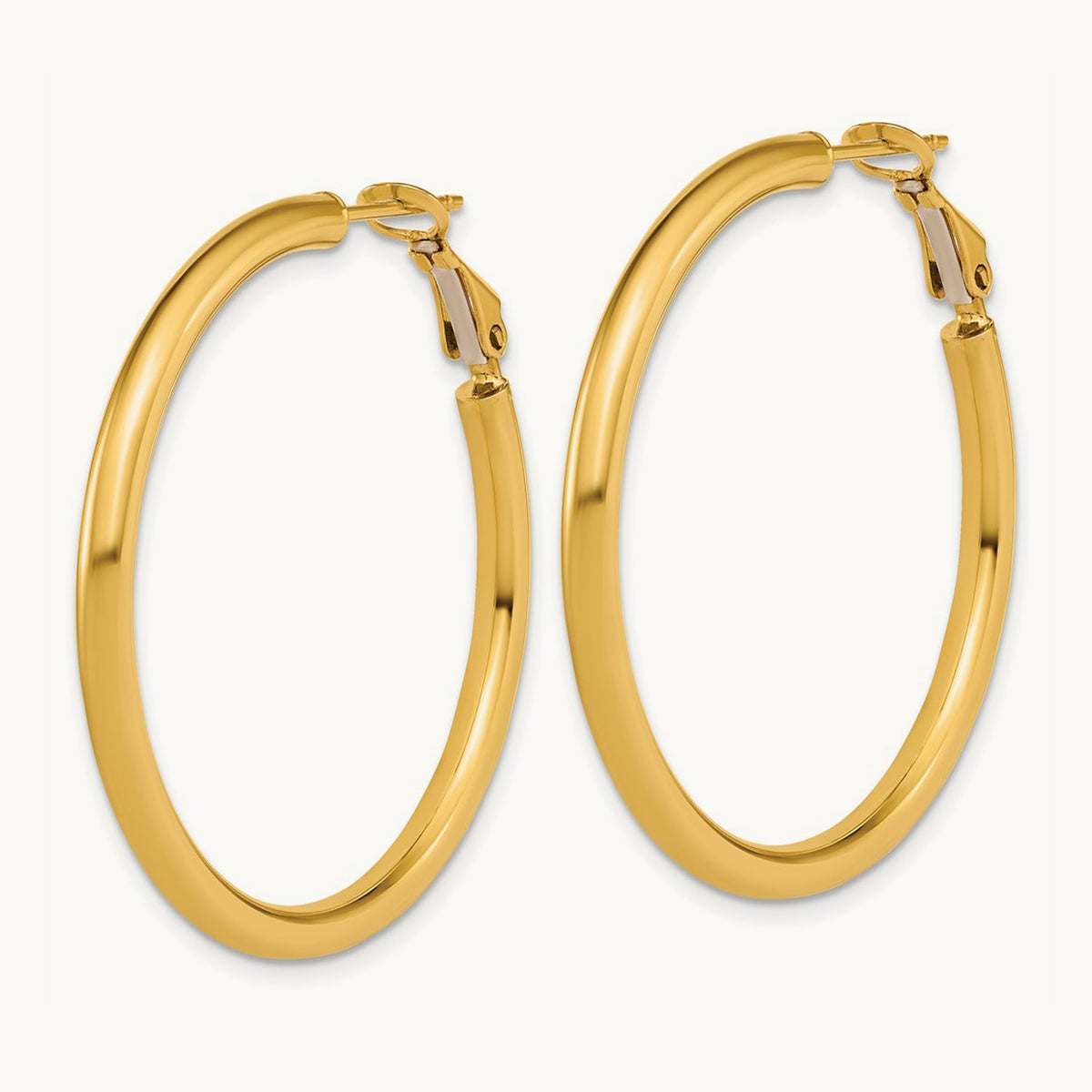 Polished Round Omega Back Hoop Earrings — 14K Yellow Gold, 3x40mm