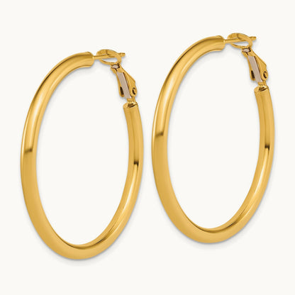 Polished Round Omega Back Hoop Earrings — 14K Yellow Gold, 3x40mm